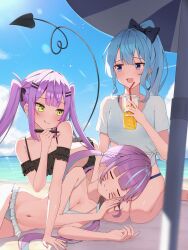 Rule 34 | 3girls, alternate costume, alternate hairstyle, beach, bikini, black bikini, blue bow, blue eyes, blue hair, blue nails, bow, breasts, center-flap bangs, cleavage, closed eyes, closed mouth, commentary request, cup, day, demon girl, demon tail, disposable cup, double-parted bangs, drawn whiskers, drink, drinking straw, ear piercing, frilled bikini, frills, green eyes, green nails, hair bow, high ponytail, highres, holding, holding drink, holding marker, hololive, hoshimachi suisei, jitome, lap pillow, large breasts, long hair, looking at another, lying, marker, minato aqua, multicolored hair, multicolored nails, multiple girls, nail polish, on ground, on side, open mouth, outdoors, parasol, piercing, pink hair, pink nails, prank, purple hair, sand, seiza, shirt, shore, sidelocks, sitting, sleeping, smile, spike piercing, star (symbol), star in eye, startend (hololive), streaked hair, sukesan (user pyhe5555), swimsuit, symbol in eye, tail, tokoyami towa, tongue, tongue out, twintails, umbrella, very long hair, virtual youtuber, water, white bikini, white shirt