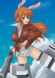 Rule 34 | 1girl, animal ears, blue eyes, blush, breasts, browning m1918a2, character name, charlotte e. yeager, cloud, gun, jacket, large breasts, long hair, looking at viewer, open mouth, orange hair, panties, rabbit ears, red jacket, rifle, shirt, strike witches, striker unit, t k, underwear, uniform, weapon, white panties, white shirt, world witches series