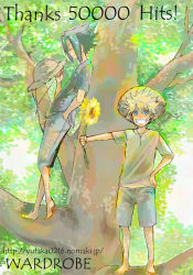 Rule 34 | 2boys, alternate costume, artist request, black hair, blue eyes, closed eyes, contemporary, day, english text, facial mark, flower, grin, hand in pocket, hand on own hip, hat, hip focus, in tree, leaf, male focus, milestone celebration, multiple boys, naruto, naruto (series), outdoors, outstretched arm, short hair, shorts, smile, standing, straw hat, sun hat, sunflower, tree, uchiha sasuke, unworn hat, unworn headwear, uzumaki naruto, watermark, web address, whisker markings, whiskers
