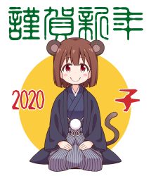 Rule 34 | 1girl, 2020, animal ears, blue kimono, blush stickers, brown hair, closed mouth, commentary request, highres, hozuki momiji, japanese clothes, kemonomimi mode, kimono, long sleeves, looking at viewer, mouse ears, mouse girl, mouse tail, nekotoufu, nengajou, new year, onii-chan wa oshimai!, open clothes, red eyes, seiza, sitting, smile, solo, tail, translated, two-tone background, white background, wide sleeves, yellow background