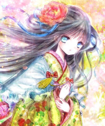 Rule 34 | 1girl, black hair, blue eyes, bow, capelet, commentary request, floral print, flower, frilled capelet, frills, hair flower, hair ornament, hair ribbon, hair rings, highres, himemurasaki, japanese clothes, kimono, long hair, looking at viewer, original, parted lips, ribbon, solo, tassel, upper body, wide sleeves