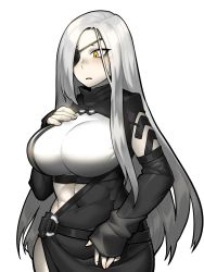 Rule 34 | 1girl, alchemist (girls&#039; frontline), bad id, bad pixiv id, belt, black outline, blush, breasts, character request, covered navel, detached sleeves, eyepatch, eyes visible through hair, fingernails, girls&#039; frontline, highres, large breasts, long hair, outline, parted lips, pinkboy, silver hair, simple background, sleeves past wrists, solo, standing, turtleneck, white background, yellow eyes