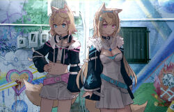 Rule 34 | 2girls, absurdres, advarcher, animal ear fluff, animal ears, belt, belt collar, black collar, black jacket, blonde hair, blue belt, blue eyes, blue hair, breasts, cleavage, collar, commentary, cropped jacket, cropped shirt, dog ears, dog girl, dog tail, english commentary, flat chest, fur-trimmed jacket, fur trim, fuwawa abyssgard, fuwawa abyssgard (1st costume), hair ornament, hairpin, hand on own hip, headphones, headphones around neck, highres, hololive, hololive english, jacket, large breasts, long hair, looking at viewer, medium hair, midriff, mococo abyssgard, mococo abyssgard (1st costume), multicolored hair, multiple girls, navel, pink belt, pink eyes, pink hair, shirt, siblings, sisters, skirt, skirt set, streaked hair, tail, twins, virtual youtuber, white shirt, white skirt, x hair ornament