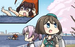 Rule 34 | 3girls, :d, beret, black gloves, blue eyes, brown eyes, brown hair, cherry blossoms, commentary, cramp, dated, gloves, grey vest, hair ornament, hamu koutarou, hat, highres, ise (kancolle), kantai collection, maya (kancolle), multiple girls, open mouth, petals, pink hair, ponytail, remodel (kantai collection), shiranui (kancolle), shirt, short hair, sleeveless, smile, vest, white shirt, x hair ornament