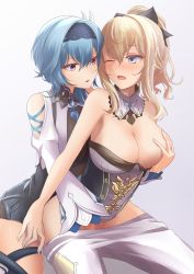 Rule 34 | 2girls, bad id, bad twitter id, bare shoulders, between legs, blonde hair, blue eyes, blue hair, blush, bow, grabbing another&#039;s breast, breasts, cleavage, clothes pull, detached collar, eula (genshin impact), genshin impact, gloves, grabbing, hair between eyes, hair bow, hairband, hand between legs, highres, jean (genshin impact), large breasts, long hair, medium hair, mon-chan, multiple girls, one breast out, one eye closed, open mouth, pants, pants pull, ponytail, sidelocks, white pants, yuri