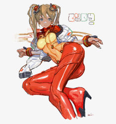Rule 34 | 1girl, adapted costume, alternate hairstyle, ass, blue eyes, bodysuit, bracer, brown hair, clenched hand, clothes writing, covered navel, etama quomo, evangelion: 2.0 you can (not) advance, hair ornament, hair up, hairpods, high heels, hip focus, interface headset, jacket, long hair, looking at viewer, lying, multicolored bodysuit, multicolored clothes, neon genesis evangelion, off shoulder, on side, open clothes, open jacket, orange bodysuit, parted lips, photoshop (medium), pilot suit, plugsuit, rebuild of evangelion, red bodysuit, see-through, shiny clothes, simple background, sketch, solo, souryuu asuka langley, test plugsuit, turtleneck, twintails, white background, wide hips