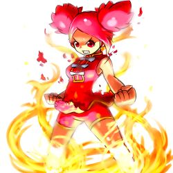 Rule 34 | 1girl, chinese clothes, dragon gal, fire, mui mui (snk), okera, pink hair, red eyes, simple background, snk, solo, teeth, twintails, white background