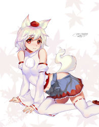 Rule 34 | 1girl, :3, animal ears, arm support, bare shoulders, blue skirt, blush, breasts, commentary, detached sleeves, fang, fang out, feet out of frame, hat, highres, hip vent, inubashiri momiji, leaf, leaf background, long sleeves, looking at viewer, miniskirt, navel, nose blush, petticoat, pom pom (clothes), red eyes, red footwear, ribbon-trimmed legwear, ribbon-trimmed sleeves, ribbon trim, sandals, shirt, short hair, signature, silver hair, skirt, small breasts, smile, solo, tail, thighhighs, thighs, tokin hat, touhou, white background, white shirt, white thighhighs, wide sleeves, wolf ears, wolf tail, xiumu bianzhou