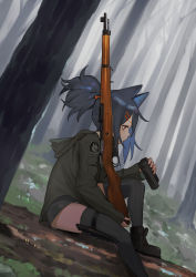 Rule 34 | 1girl, animal ears, beijuu, black hair, bolt action, boots, brown eyes, cat ears, cat girl, forest, gun, hair ornament, hairclip, highres, holding, holding gun, holding weapon, jacket, knife, medium hair, nature, original, outdoors, ponytail, rifle, shorts, sitting, solo, thighhighs, tree, weapon