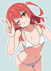 1girl ;) bikini blush bocchi_the_rock! breasts commentary green_eyes grey_background highres kita_ikuyo looking_at_viewer navel noyama_takenoko one_eye_closed one_side_up red_hair simple_background small_breasts smile solo swimsuit v white_bikini