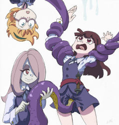 Rule 34 | 10s, 3girls, blonde hair, brown hair, glasses, grin, groping, hair over one eye, hairband, kagari atsuko, kashikoma, little witch academia, long hair, looking at another, lotte jansson, multiple girls, poking, restrained, smile, sucy manbavaran, tentacles, upside-down, yuri