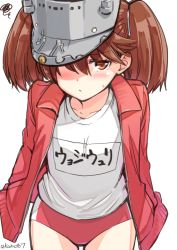 Rule 34 | 10s, 1girl, blush, brown eyes, brown hair, buruma, collarbone, commentary request, cowboy shot, gym uniform, hands in pockets, hat over one eye, jacket, kamoto tatsuya, kantai collection, looking at viewer, name tag, ryuujou (kancolle), short hair, simple background, solo, squiggle, standing, sweatdrop, track jacket, twintails, twitter username, white background