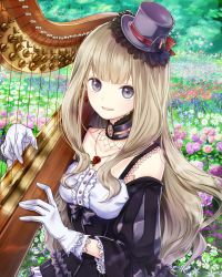 Rule 34 | 1girl, :d, absurdres, blonde hair, choker, collarbone, day, detached sleeves, dress, field, floating hair, flower, flower field, flower necklace, gloves, grey eyes, grey hat, harp, hat, hat ribbon, highres, instrument, jewelry, layered dress, lolita fashion, long hair, looking at viewer, mini hat, music, necklace, open mouth, outdoors, playing instrument, red ribbon, ribbon, school fanfare, sleeveless, sleeveless dress, smile, solo, very long hair, white gloves