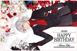 Rule 34 | 1boy, antonio salieri (fate), antonio salieri (second ascension) (fate), black gloves, cup, dated, fate/grand order, fate (series), food, formal, from above, fruit, gloves, grey hair, happy birthday, ink, lying, male focus, pinstripe pattern, pinstripe suit, pomegranate, quill, red eyes, sheet music, sindri, solo, spill, striped, suit, teacup