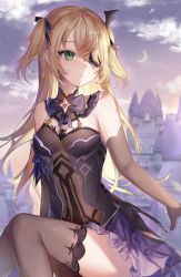 Rule 34 | 1girl, bare shoulders, black gloves, black ribbon, black thighhighs, blonde hair, blurry, blurry background, bow, bowtie, breasts, brooch, building, castle, cloud, crescent moon, dress, evening, eyepatch, fischl (genshin impact), fishnets, frilled dress, frills, genshin impact, gloves, green eyes, hair over one eye, hair ribbon, highres, jewelry, long hair, looking at viewer, looking to the side, medium breasts, moon, outdoors, parted lips, pudding cream, purple bow, purple bowtie, ribbon, sidelocks, sitting, sky, solo, swept bangs, thighhighs, thighs, two side up