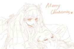 Rule 34 | 2girls, ^ ^, blush, chinese commentary, closed eyes, commentary, doodle943545, fake antlers, inoue takina, long hair, long sleeves, looking at another, lower teeth only, lycoris recoil, merry christmas, multiple girls, nishikigi chisato, open mouth, short hair, sketch, teeth, yuri