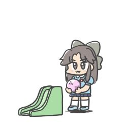 Rule 34 | 1girl, :3, alternate costume, ball, blue shirt, blue skirt, bow, bowling ball, brown eyes, brown hair, check commentary, commentary request, ferret-san, green bow, hair bow, holding, jintsuu (kancolle), kantai collection, kindergarten uniform, long hair, negative space, parted bangs, shirt, sidelocks, skirt, smile, solo