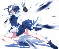 Rule 34 | 1girl, black gloves, blue eyes, blue footwear, blue hair, boots, braid, commentary request, from below, gloves, holding, ikurauni, izayoi sakuya, long sleeves, looking away, shirt, short hair, solo, touhou, white shirt