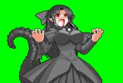Rule 34 | 00s, 1girl, bad id, bad pixiv id, black hair, bow, breasts, dress, fangs, fusion, godzilla, godzilla (series), gojiren, hair bow, large breasts, long hair, m.u.g.e.n, melty blood, mono (moiky), open mouth, personification, pointy ears, red eyes, simple background, solo, tail, tsukihime, white len (tsukihime)