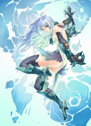 Rule 34 | blue eyes, blue hair, blue theme, breasts, elbow gloves, fantasy, full body, gauntlets, gloves, holding, holding sword, holding weapon, kousaki rui, long hair, original, panties, solo, sword, thighhighs, underwear, weapon