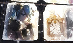 Rule 34 | 1girl, bare shoulders, blue eyes, blue hair, clock, grandfather clock, grin, hair ornament, hatsune miku, head rest, light smile, long hair, long sleeves, looking outside, matching hair/eyes, qys3, smile, snowing, solo, twintails, vocaloid, window