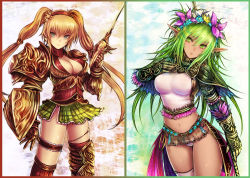 Rule 34 | 2girls, aqua eyes, armor, blonde hair, breasts, cleavage, elf, flower, green eyes, green hair, hair flower, hair ornament, hairband, hand on another&#039;s chest, hand on own chest, kara (color), long hair, multiple girls, navel, original, pointy ears, sword, thighhighs, twintails, weapon