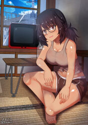 Rule 34 | 1girl, andou (girls und panzer), barefoot, black hair, black shorts, blush, breasts, brown eyes, cleavage, collarbone, covered erect nipples, girls und panzer, glasses, grey tank top, highres, indian style, indoors, large breasts, long hair, looking at viewer, megadeko, navel, no bra, open mouth, ponytail, shorts, sitting, smile, solo, tank top, tatami, television, window