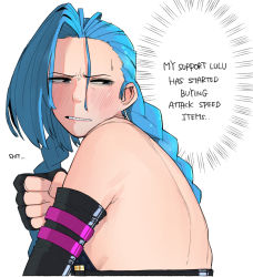 Rule 34 | 1girl, bare shoulders, blue hair, blush, braid, english text, fingerless gloves, gloves, jinx (league of legends), league of legends, long hair, ohasi, simple background, solo, sweat, tattoo, twin braids, very long hair, white background