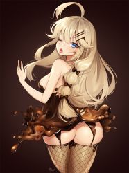 Rule 34 | 1girl, ahoge, ankkoyom, ass, bare arms, bare shoulders, blonde hair, blue eyes, blush, bow, breasts, brown background, brown bow, chocolate, commentary request, cowboy shot, fang, fishnet thighhighs, fishnets, from behind, hair between eyes, hair bow, hair ornament, hairclip, head tilt, highres, long hair, looking at viewer, looking back, medium breasts, mole, mole under eye, one eye closed, open mouth, original, photo-referenced, solo, standing, thighhighs, thighs, tongue, tongue out