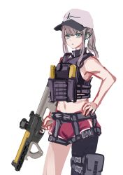 Rule 34 | 1girl, absurdres, ar-57, ar-57 (girls&#039; frontline), armpits, assault rifle, bare shoulders, baseball cap, black shirt, blue eyes, breasts, carbine, commentary, commentary request, cowboy shot, crop top, dolphin shorts, ear piercing, ear protection, eyebrows, fingerless gloves, girls&#039; frontline, gloves, gun, hair between eyes, hand on own hip, hat, highres, holding, holding weapon, horizontal magazine, lithographica, long hair, midriff, personal defense weapon, piercing, pink hair, pistol-caliber carbine, ponytail, rifle, see-through, shirt, shorts, sideboob, single glove, single leg pantyhose, sketch, sleeveless, sleeveless shirt, solo, submachine gun, tactical clothes, tank top, translucent, trigger discipline, twitter username, watch, weapon, white background, wristwatch