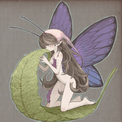 Rule 34 | 1girl, antennae, artist request, breasts, bug, butterfly wings, caterpillar, closed eyes, convenient censoring, fairy, female focus, hat, insect wings, leaf, mini person, minigirl, nude, original, pointy ears, small breasts, wings
