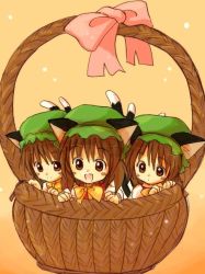 Rule 34 | 3girls, :d, animal ears, bad id, bad pixiv id, basket, beige background, blush stickers, bow, bowtie, brown eyes, brown hair, cat ears, cat girl, cat tail, chen, clone, eijima moko, female focus, hat, in container, mob cap, multiple girls, multiple tails, open mouth, smile, tail, touhou