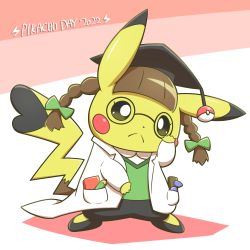 Rule 34 | :&lt;, adjusting eyewear, blunt bangs, brown hair, closed mouth, clothed pokemon, commentary, cosplay pikachu, creatures (company), eyelashes, full body, game freak, gen 1 pokemon, glasses, green ribbon, green vest, hair ribbon, hand up, hat, highres, lab coat, nintendo, no humans, pants, pikachu, pikachu phd, pokemon, pokemon (creature), ribbon, round eyewear, shoes, solo, split mouth, standing, twintails, vest, yoshio (yoshi00000091)