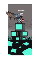 Rule 34 | 1girl, angel, angel wings, crt, dithering, dress, feathered wings, female focus, from side, long hair, omunikin, original, pixel art, profile, solo, squatting, television, white dress, white hair, wings