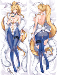 Rule 34 | 1girl, absurdly long hair, ahoge, animal ears, artoria pendragon (all), artoria pendragon (fate), artoria pendragon (swimsuit ruler) (fate), ass, back, bare shoulders, blonde hair, blue neckwear, blue pantyhose, braid, breasts, cleavage, clothing cutout, coattails, dakimakura (medium), detached collar, fake animal ears, fate/grand order, fate (series), feather boa, feet, fishnet pantyhose, fishnets, french braid, full body, green eyes, hand on own chest, high heels, highleg, highleg leotard, highres, isao, large breasts, legs, leotard, long hair, looking at viewer, looking back, lying, navel cutout, necktie, on back, on stomach, pantyhose, parted lips, playboy bunny, ponytail, rabbit ears, rabbit tail, sidelocks, smile, tail, thigh strap, tiara, torn clothes, torn legwear, very long hair, white footwear, white leotard, wrist cuffs