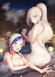 Rule 34 | 2girls, absurdres, ass, blonde hair, blue eyes, blush, breasts, commandant teste (kancolle), commentary request, cup, highres, holding, holding cup, kantai collection, kinsenka momi, large breasts, long hair, mole, mole under eye, mole under mouth, multicolored hair, multiple girls, night, onsen, open mouth, outdoors, partially submerged, ponytail, richelieu (kancolle), rock, see-through, sky, smile, sparkle, sparkling eyes, star (sky), steam, streaked hair, towel, water, wet, wet towel