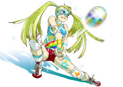 1girl adapted_costume ball blonde_hair boots elbow_pads female_focus knee_pads leotard long_hair mask motion_blur playing_sports rainbow_mika short_shorts shorts solo sportswear street_fighter twintails volleyball volleyball_(object) volleyball_uniform wild007