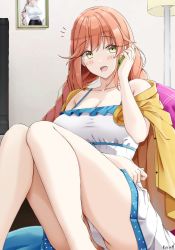 Rule 34 | 1girl, arai sakura (rc f), blush, borrowed character, braid, breasts, brown eyes, cellphone, commission, highres, holding, holding phone, indoors, jacket, jacket on shoulders, keenh, knees together feet apart, large breasts, legs, long hair, mole, mole under mouth, multicolored clothes, nightgown, open mouth, original, panties, pantyshot, phone, pillow, polka dot, sitting, smartphone, solo, talking, talking on phone, twin braids, underwear, white panties