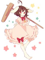 Rule 34 | 1girl, :3, ahoge, animal ears, bad id, bad pixiv id, bare legs, barefoot, bow, bowtie, brown hair, daizu (melon-lemon), dress, frilled sleeves, frills, hammer, inaba tewi, kine, mallet, pink dress, puffy sleeves, rabbit ears, rabbit girl, rabbit tail, red bow, red bowtie, red hair, short hair, short sleeves, solo, tail, touhou, white background