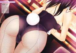 Rule 34 | 1girl, ass, back, backboob, bar (place), bare shoulders, black hair, breasts, cup, fishnets, from behind, hayakawa rinta, highres, long hair, pantyhose, playboy bunny, small breasts, solo, table, tail, wrist cuffs