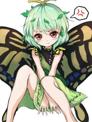 Rule 34 | 1girl, anger vein, antennae, aqua hair, blush, butterfly wings, closed mouth, dress, eternity larva, fairy, feet out of frame, green dress, highres, insect wings, kayon (touzoku), leaf, leaf on head, looking at viewer, multicolored clothes, multicolored dress, one-hour drawing challenge, orange eyes, pout, short hair, short sleeves, simple background, solo, spoken anger vein, touhou, white background, wings