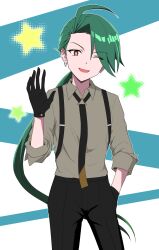 1girl ;d black_gloves black_necktie black_pants creatures_(company) earrings game_freak gloves green_hair hair_between_eyes hand_in_pocket highres jewelry long_hair looking_at_viewer mamiya_myanmar necktie nintendo one_eye_closed open_mouth pants pokemon pokemon_sv ponytail red_eyes rika_(pokemon) smile solo star_(symbol) suspenders very_long_hair