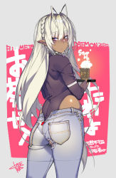 Rule 34 | 1girl, antenna hair, ass, braid, character name, commentary, commentary request, copyright name, cup, dark-skinned female, dark skin, denim, flat ass, french braid, hair intakes, highres, jeans, long hair, looking at viewer, looking back, namaniku atk, orange eyes, pants, pointy ears, sansei muramasa, solo, soukou akki muramasa, tea, torn, torn clothes, torn jeans, torn pants, tray, white hair