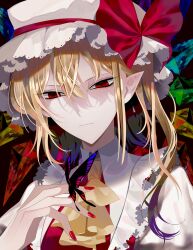 Rule 34 | 1girl, ascot, blonde hair, bow, bug, butterfly, butterfly on hand, closed mouth, crystal, flandre scarlet, hair between eyes, hat, hat bow, highres, insect, mob cap, nail polish, nubezon, one side up, pointy ears, rainbow order, red bow, red eyes, red nails, solo, touhou, upper body, white hat, wings, yellow ascot