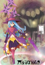 Rule 34 | 1girl, ;), abstract background, blue hair, character name, commentary request, crossover, drawcia, drawcia soul, fouma, full body, hat, highres, kirby (series), long hair, long sleeves, madoka runes, magic circle, mahou shoujo madoka magica, mahou shoujo madoka magica (anime), midriff, navel, nintendo, one eye closed, outstretched arm, paintbrush, painting (object), parody, personification, pink legwear, purple footwear, purple skirt, robe, skirt, smile, style parody, trait connection, translated, witch, witch (madoka magica), witch hat, yellow eyes