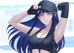 Rule 34 | 1girl, armpits, arms up, bare shoulders, baseball cap, black gloves, black hat, blue archive, blue eyes, blue hair, blunt bangs, breasts, cleavage, collarbone, commentary, crop top, fingerless gloves, gloves, hat, highres, large breasts, long hair, looking at viewer, midriff, saori (blue archive), solo, sports bra, sthreep, upper body, very long hair
