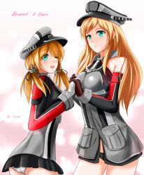 Rule 34 | 10s, 2girls, anchor hair ornament, aqua eyes, artist name, bismarck (kancolle), black panties, blonde hair, breasts, brown gloves, character name, cowboy shot, cross, gloves, hair ornament, hat, highres, holding hands, interlocked fingers, iron cross, kantai collection, large breasts, long hair, long sleeves, low twintails, microskirt, military, military uniform, multiple girls, open mouth, panties, peaked cap, pink background, prinz eugen (kancolle), saber-freedom, signature, skirt, smile, twintails, underwear, uniform, white gloves, white panties