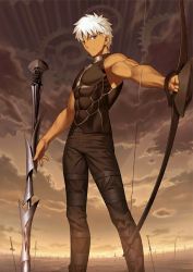 Rule 34 | 1boy, archer (fate), arrow (projectile), bow, bow (weapon), brown hair, dark skin, dark-skinned male, fate/grand order, fate/stay night, fate (series), gears, holding, holding weapon, looking at viewer, male focus, official art, resized, silver hair, sky, solo, sword, takeuchi takashi, upscaled, waifu2x, weapon
