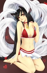 Rule 34 | 1girl, ahri (league of legends), animal ears, artist request, bare legs, bikini, black hair, braid, breasts, cleavage, detached sleeves, feet, female focus, flower, fox ears, fox tail, league of legends, long hair, long sleeves, looking at viewer, multiple tails, single braid, sitting, skirt, smile, solo, swimsuit, tail, white skirt, yellow eyes