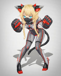 Rule 34 | 1girl, absurdres, animal ears, blonde hair, blue eyes, bodysuit, braid, breasts, cat ears, cat tail, commentary request, commission, full body, grey background, highres, impossible bodysuit, impossible clothes, looking at viewer, mask, mecha musume, mouth mask, ninja mask, original, oversized forearms, oversized limbs, pixiv commission, shadow, shiny clothes, small breasts, solo, tail, yumikoyama49